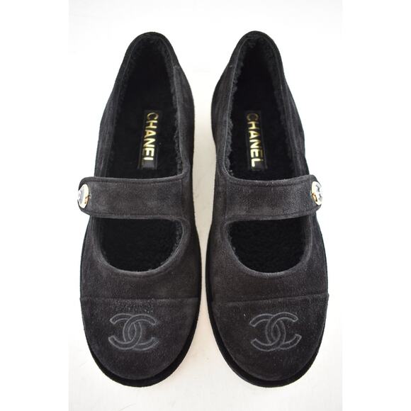 Chanel 25B Black Suede Shearling Fur Mary Jane Moccasin Ballet Loafer Flat 36.5 - Picture 3 of 16